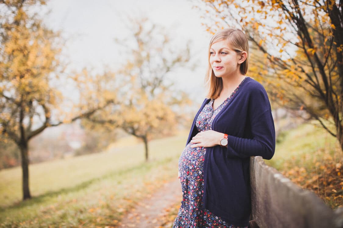 Frau mit Babybauch lehnt an einem Zaun